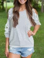 Shein Contrast Lace Open Shoulder Grey T-shirt