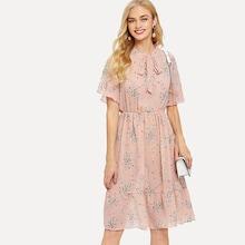 Shein Tie Neck Floral Print Ruffle Hem Dress