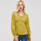 Shein Knot Cuff Pleated Detail Buttoned Plaid Blouse