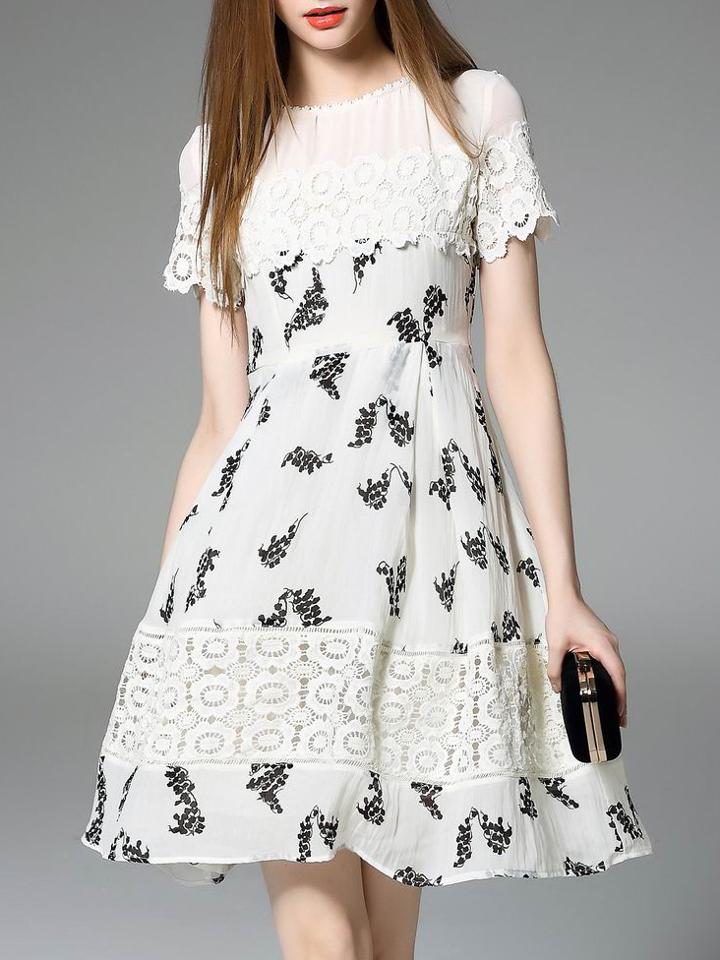 Shein White Contrast Lace Print A-line Dress