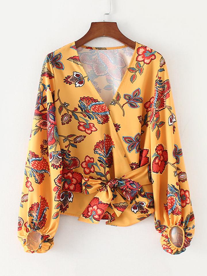 Shein Botanical Print Bishop Sleeve Wrap Blouse