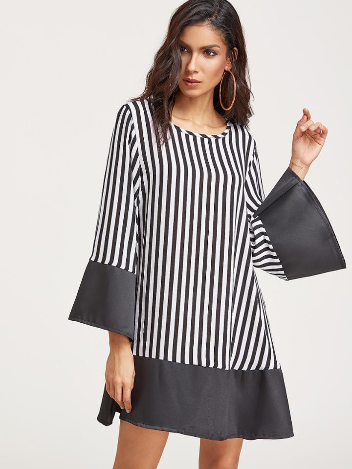 Shein Vertical Striped Bell Sleeve Contrast Hem Dress