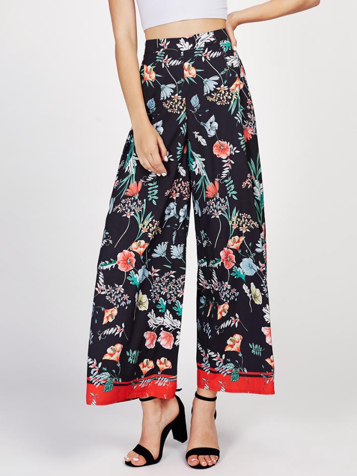 Shein Flower Print Contrast Hem Palazzo Pants