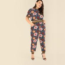 Shein Plus Contrast Striped Trim Floral Top & Pants Set