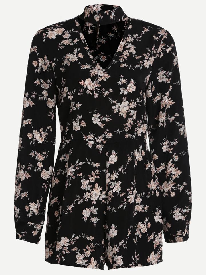 Shein Floral Print V Neck Lace Up Romper