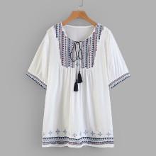 Shein Geo Embroidered Tassel Tie Babydoll Blouse