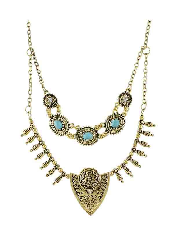 Shein At-gold Tibetan Style Double Layers Imitation Turquoise Statement Collar Necklace