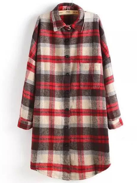 Shein Red White Lapel Plaid Pocket Loose Blouse