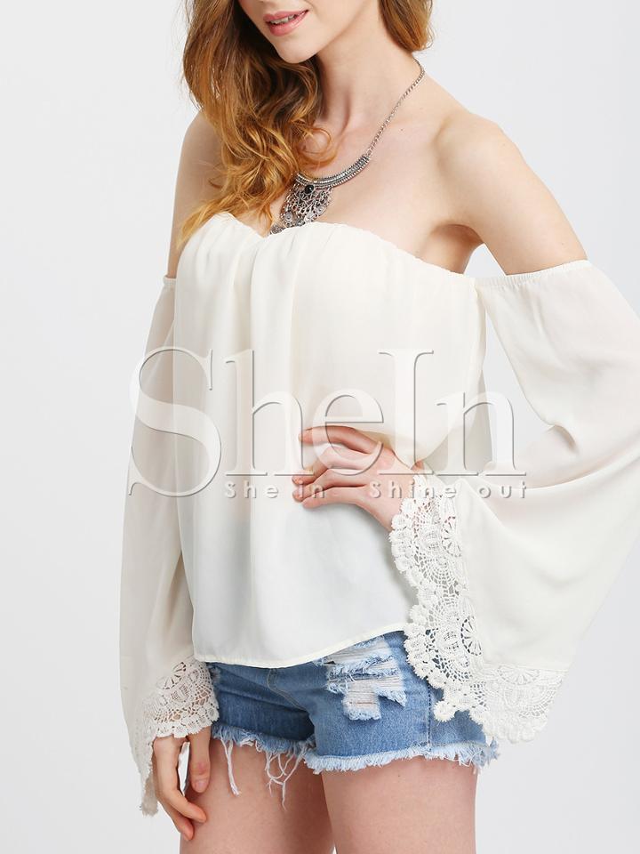 Shein Beige Spaghetti Strap Bell Sleeve Crochet Lace Blouse