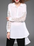 Shein White Lapel Crochet Hollow Out High Low Blouse