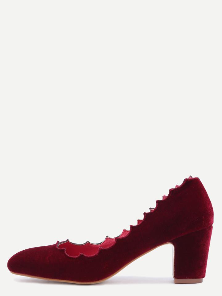 Shein Burgundy Velvet Almond Toe Irregular Edge Chunky Heels