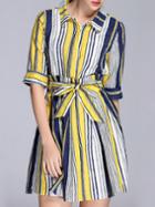 Shein Yellow Color Block Striped Tie-waist Dress
