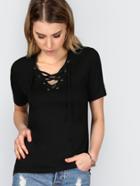 Shein Black Lace Up V Neck T-shirt
