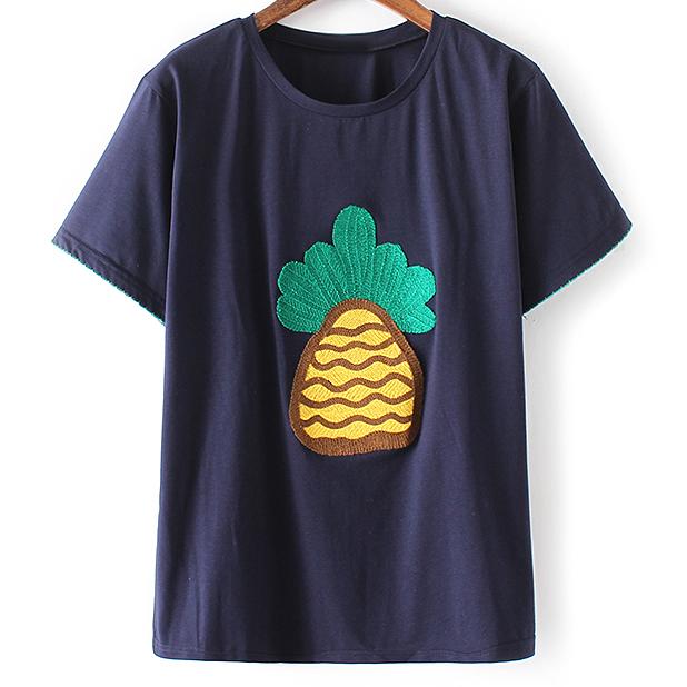 Shein Navy Short Sleeve Pineapple Embroidery T-shirt
