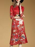 Shein Red Collar Birds Embroidered Shift Cheongsam Dress