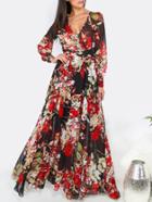 Shein Black Floral Print Cuff Sleeve Surplice Wrap Dress