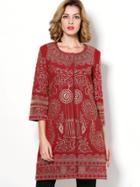 Shein Red Round Neck Length Sleeve Embroidered Coat