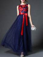 Shein Navy Gauze Disc Flowers Tie-waist Maxi Dress