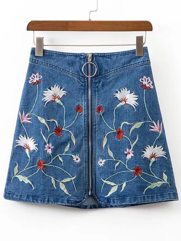 Shein Zipper Front A Line Denim Skirt