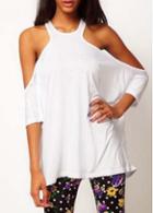 Rosewe Pure White Round Neck Off The Shoulder T Shirt