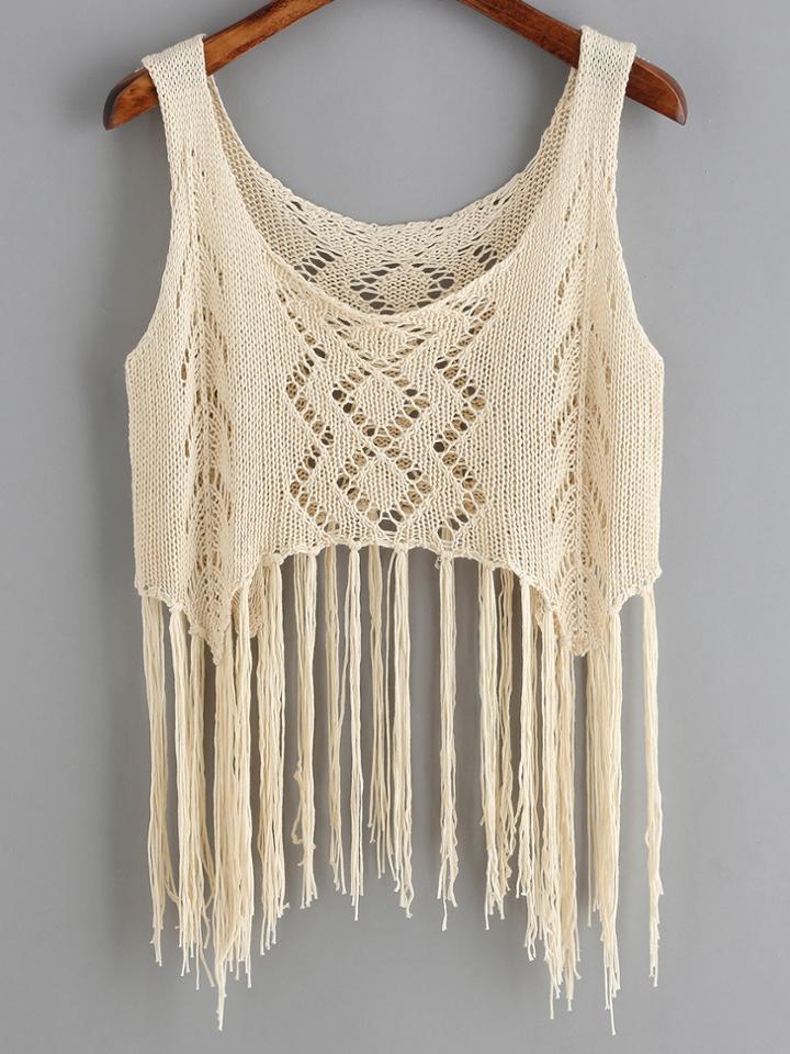 Shein Beige Hollow Tassel Tank Top