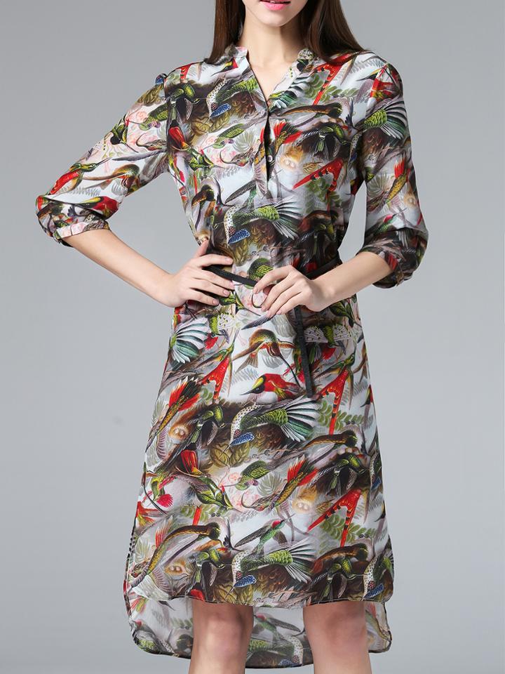 Shein Multicolor V Neck Belted Birds High Low Dress
