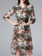 Shein Multicolor V Neck Belted Birds High Low Dress