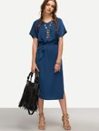 Shein Belted Contrast Mesh Insert Shift Dress - Blue
