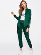 Shein Side Striped Sleeve Zip Up Jacket With Drawstring Sweatpants