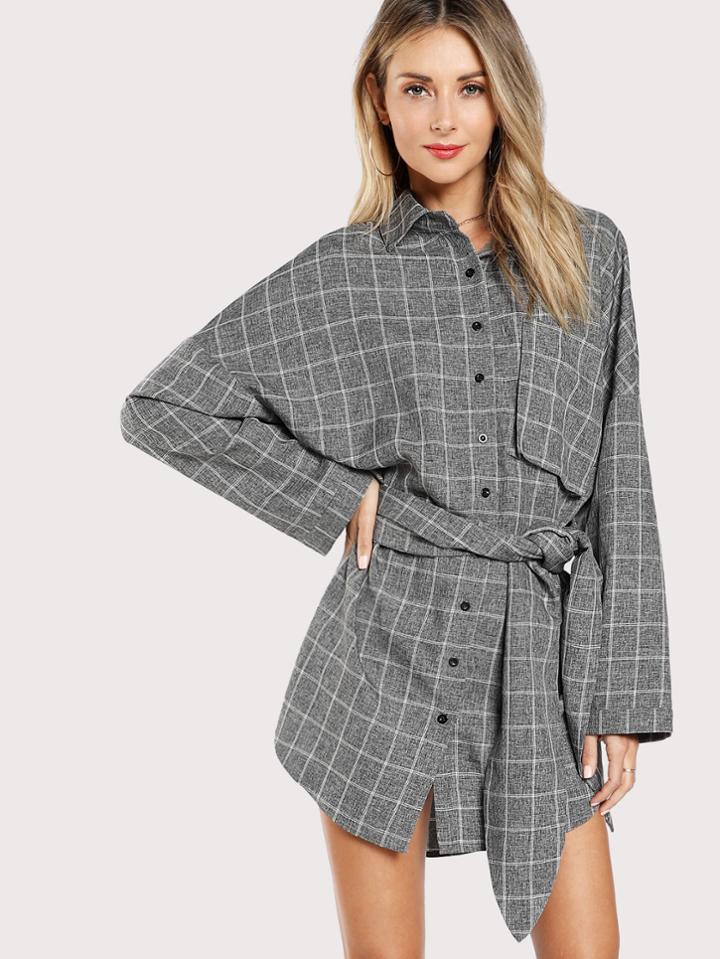 Shein Single Pocket Belted Grid Shirt Dress