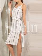 Shein Vertical Breton Stripe Spaghetti Strap Waistband Split Dress