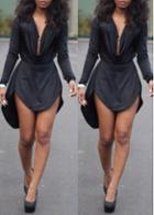 Rosewe Long Sleeve V Neck Black Asymmetric Dress