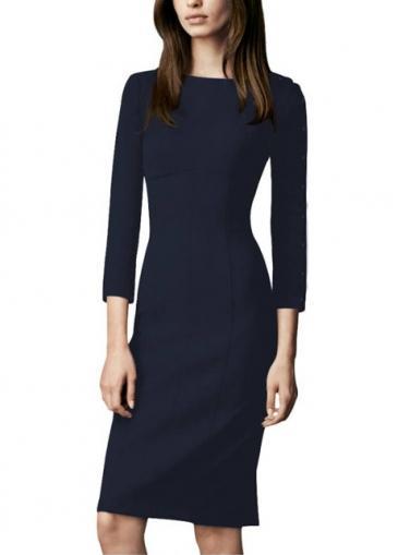 Rosewe Simple Three Quarter Sleeve Navy Blue Dress For Ol