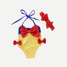 Shein Girls Bow Detail Polka Dot Halter Romper