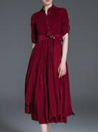 Shein Burgundy Lapel Tie-waist Midi Dress