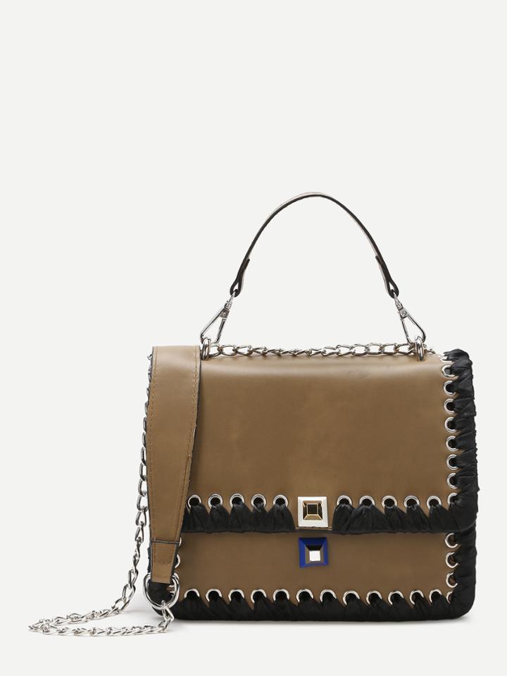 Shein Khaki Lace Up Trim Satchel Bag With Chain