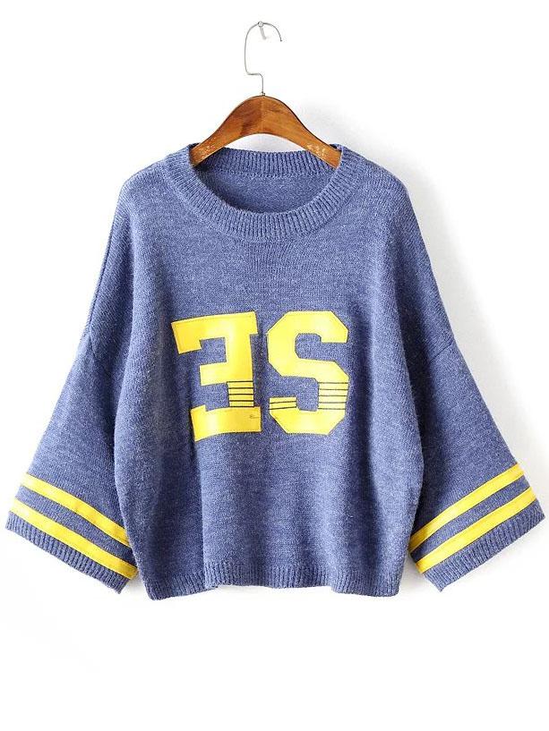 Shein Blue Varsity Drop Shoulder Ribbed Trim Sweater