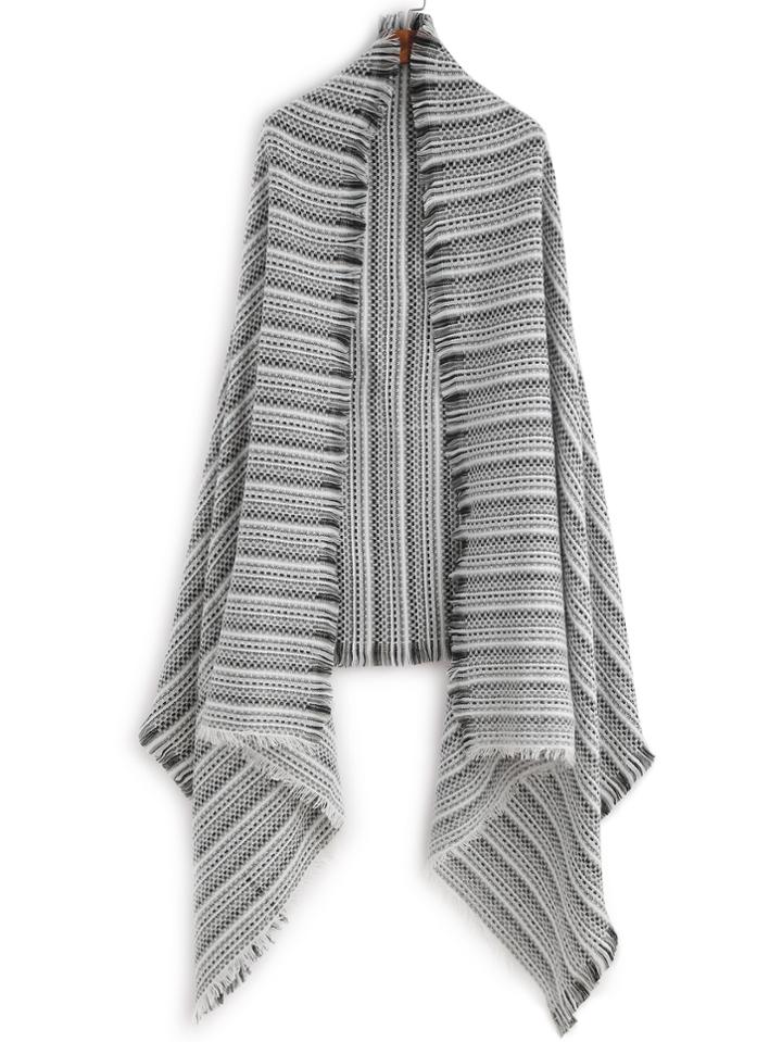Shein Grey And White Mottled Stripe Fringe Shawl Scarf