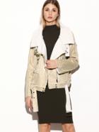 Shein Apricot Oblique Zipper Belt Sherpa Lined Suede Jacket