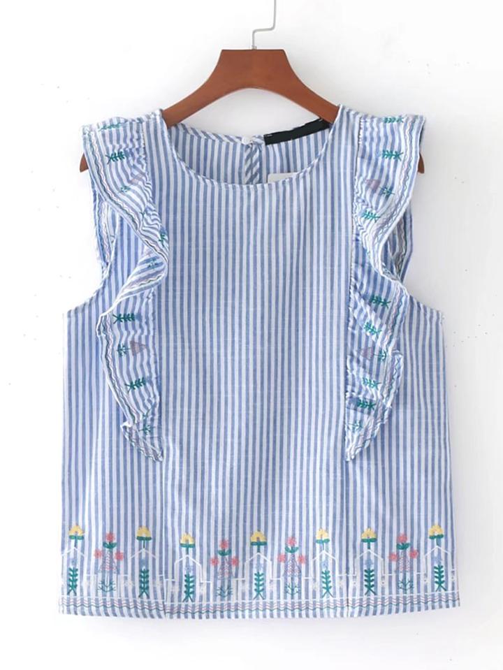 Shein Vertical Striped Ruffle Trim Embroidery Top