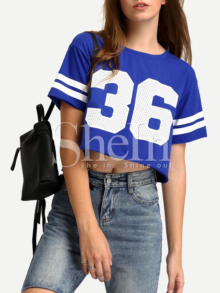 Shein Blue Letters Print Crop T-shirt