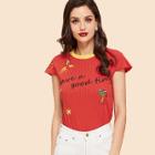 Shein Contrast Neck Embroidered Rib Knit Tee