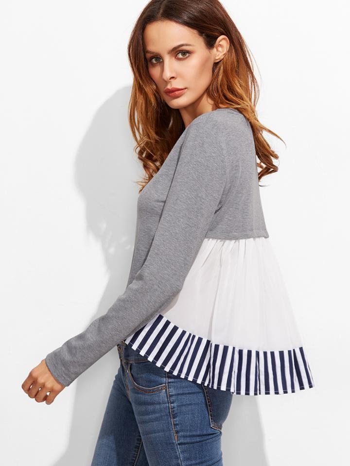 Shein Striped Ruffle Back High Low T-shirt