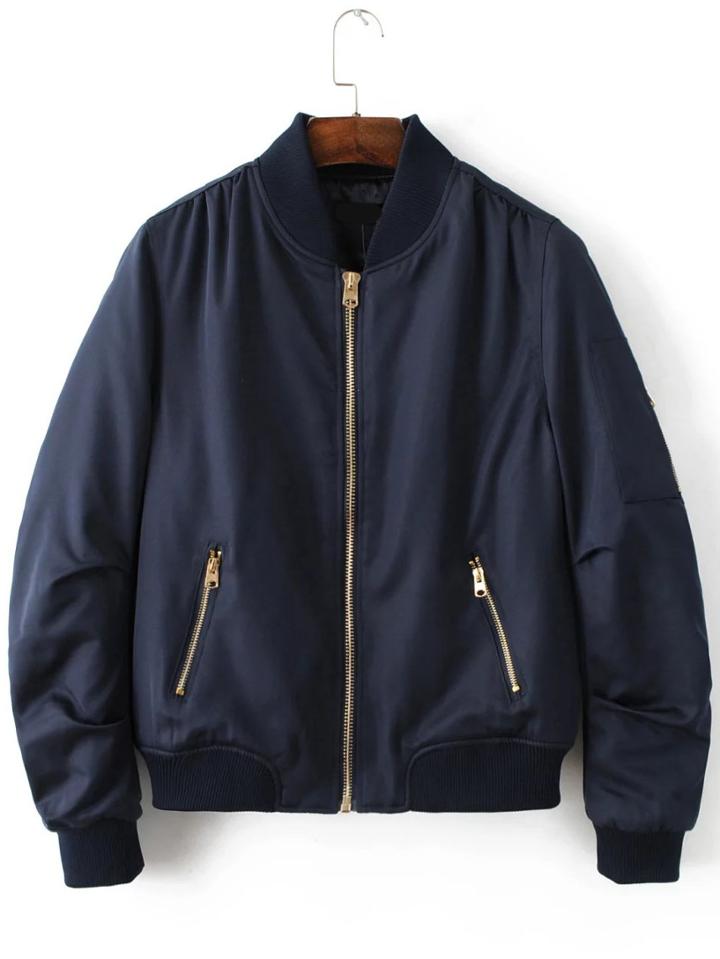 Shein Navy Stand Collar Zipper Pocket Padded Jacket