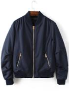 Shein Navy Stand Collar Zipper Pocket Padded Jacket