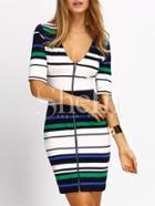 Shein Royal Blue Half Sleeve Striped Colorblock Bodycon Dress