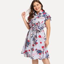 Shein Plus Self Belted Frill Trim Floral Dress