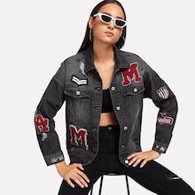 Shein Fleece Patch Detail Black Wash Denim Jacket