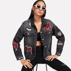 Shein Fleece Patch Detail Black Wash Denim Jacket