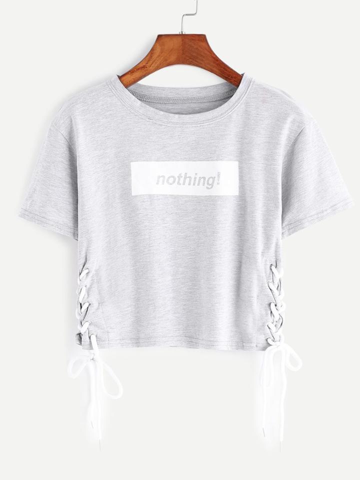 Shein Heather Grey Letter Print Lace Up Side Crop T-shirt